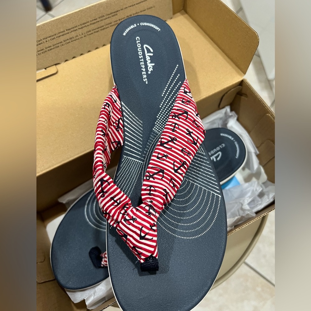 11 Red White Blue Clarks by Cloudsteppers Sandals. NEW with navy anchors on them